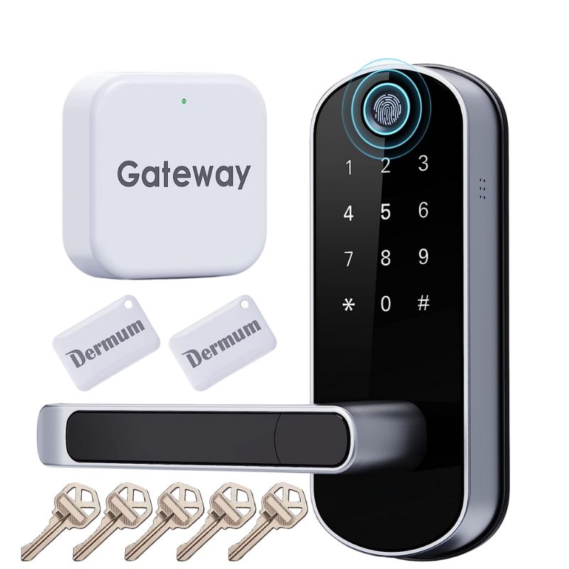 Dermum 5 in 1 Smart WiFi Door Lock with Fingerprint | Keyless Entry | Electronic Code with Digital Keypad | App Control | 2 IC Cards | Auto Lock | Home - Office - Airbnb | 5 Keys & Gateway Included