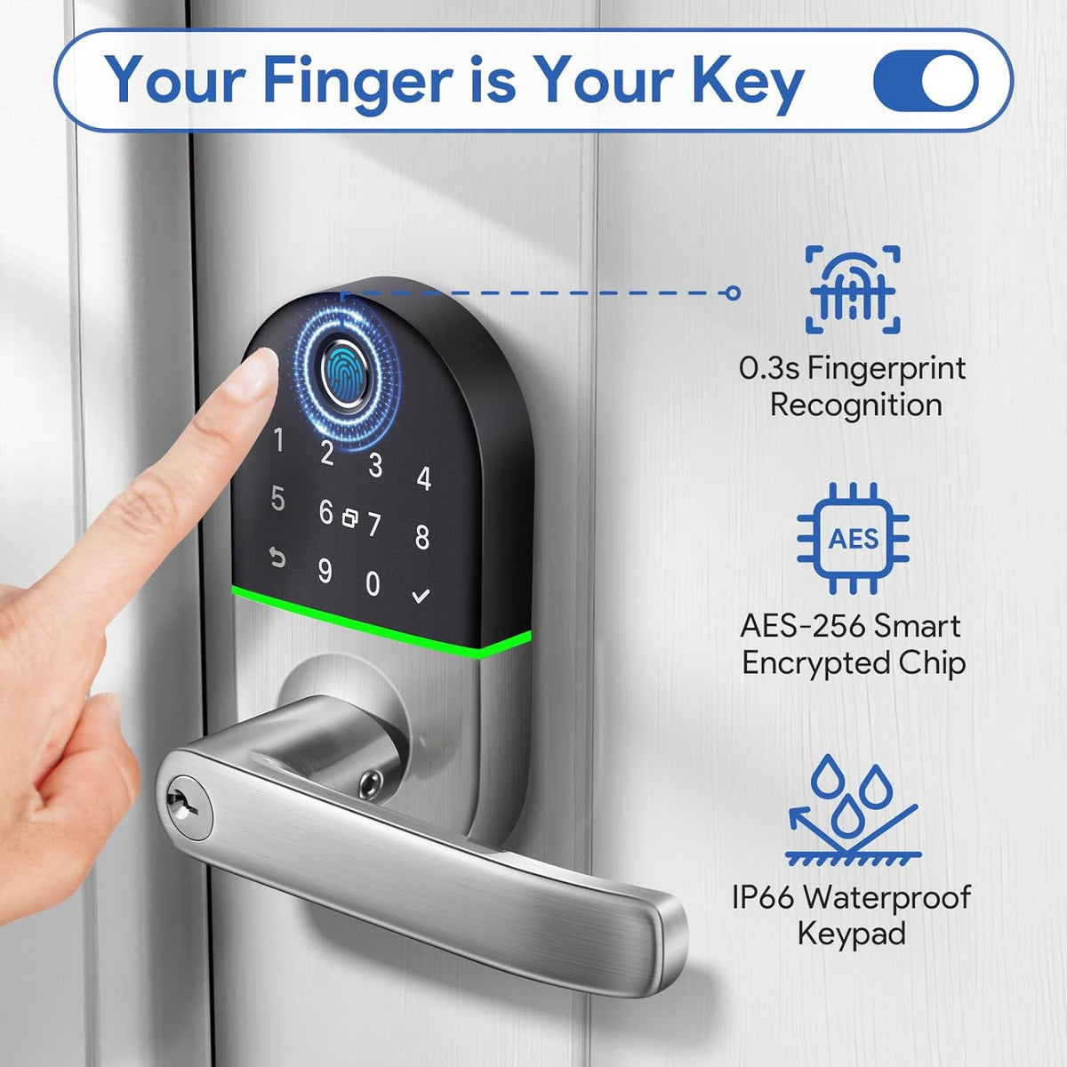 Smart door lock Fingerprint Bluetooth Outdoor IP66 Water-Resistant Amman Jordan Teqane.com قفل باب ذكي ببصمة الإصبع بلوتوث مقاوم للماء للاستعمال الخارجي عمّان الاردن تقني دوت كوم